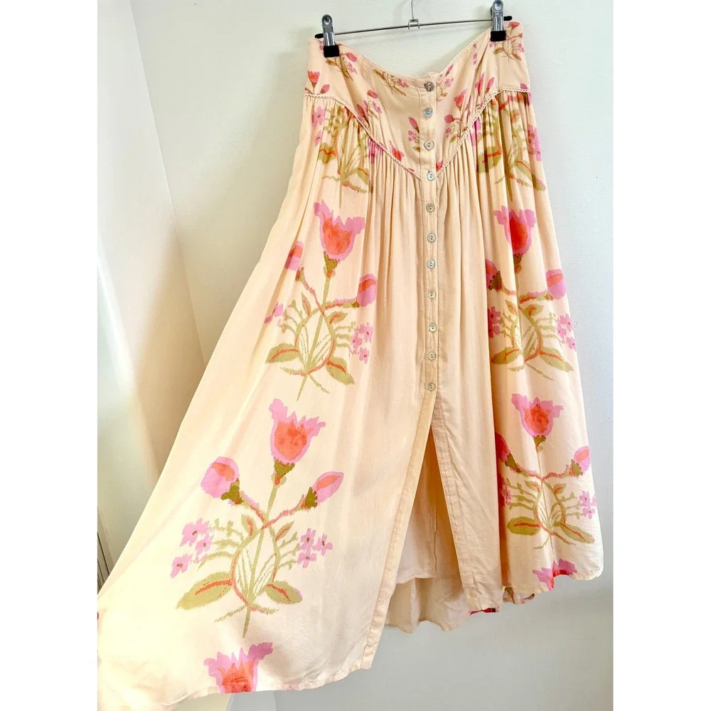 Free People Easy to Love Matching Set Cream Pink Floral Crop Top Skirt Medium
